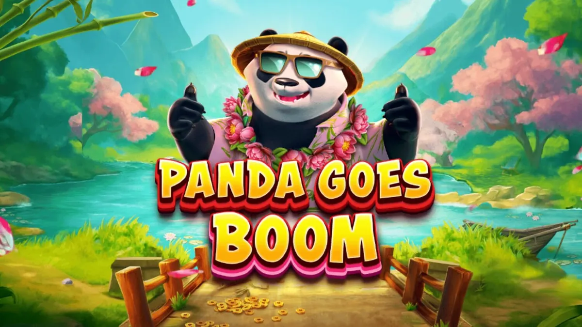Panda Goes Boom slot machine interface showing tropical theme and bonus features